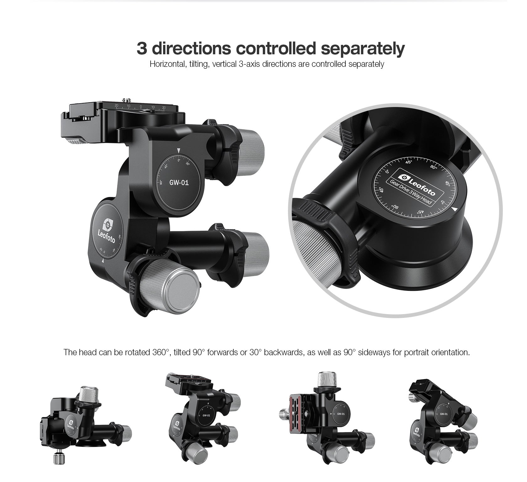 Leofoto GW-01 3-Way Gear Head with QR Plate Arca Compatible