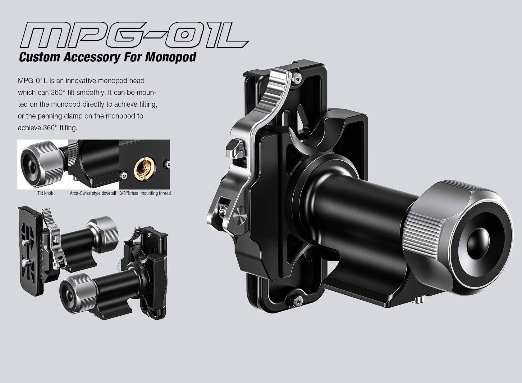 Leofoto MPG-01L Monopod Head Side Mount 360° Tilting Lever-Release Clamp