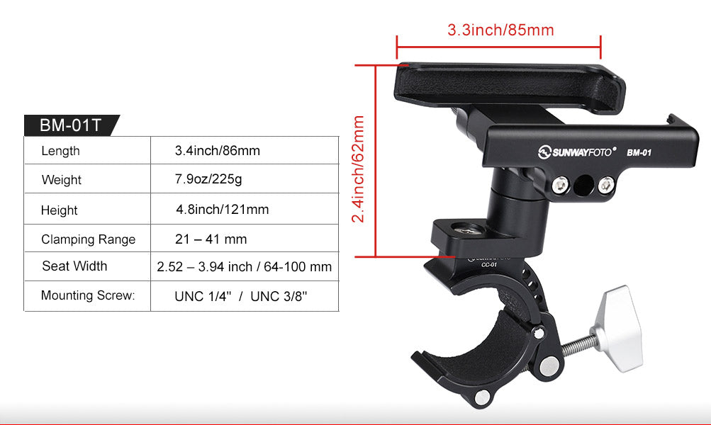 Sunwayfoto BM-01T Mobile Phone Bicycle Motorcycle Mounting Clamp