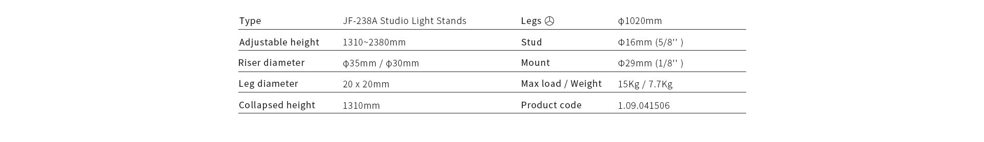 Jinbei JF-238A Steel Light Stand with Wheels for Studio Strobe Flash