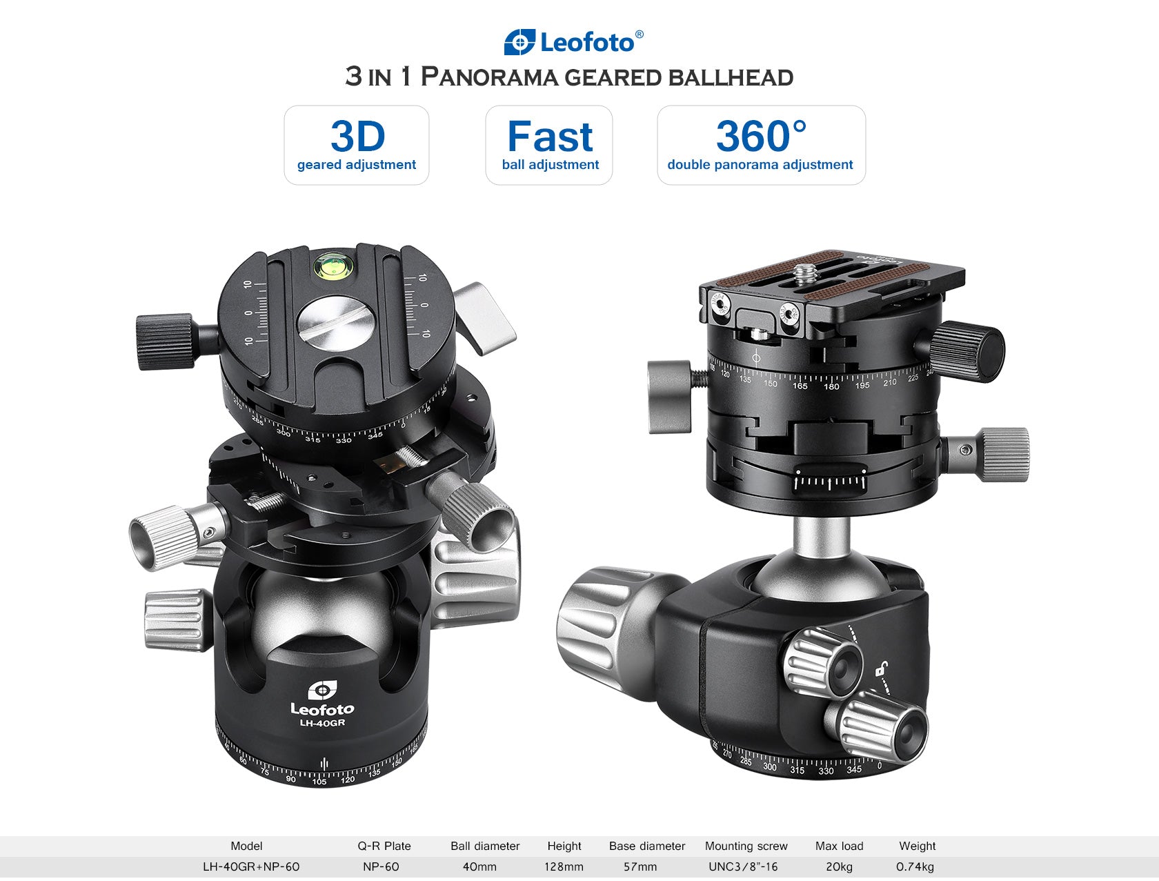 Leofoto LH-40GR Geared Ball Head for Architectural,Table top,Macro or Panoramic with Quick Release Plate Arca Compatible