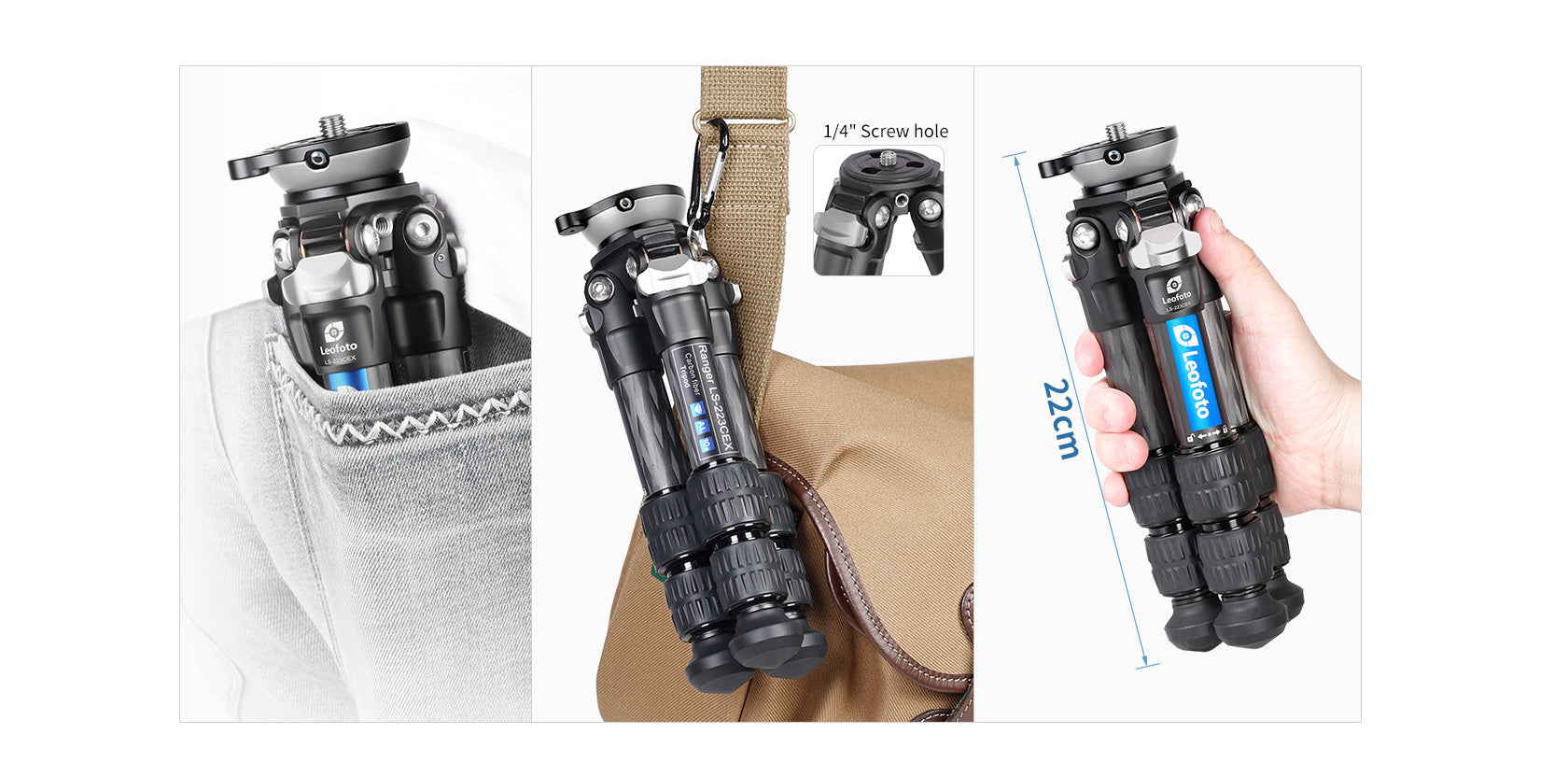 Leofoto LS-223CEX Ranger Series Portable Carbon Fiber Tripod 3 Section + Built-in Leveling Base 15° Tilt