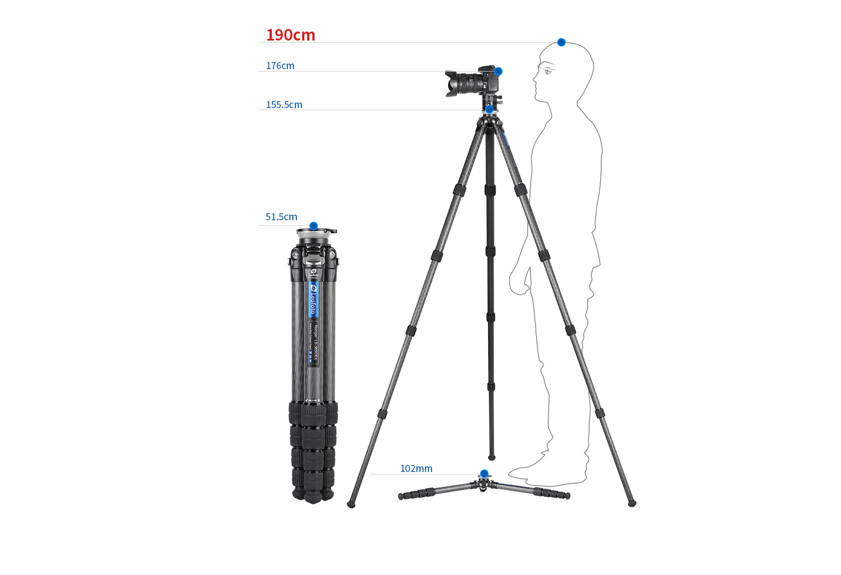 Leofoto LS-365CEX Ranger Series Portable Carbon Fiber Tripod 5 Section + Built-in Leveling Base 15° Tilt