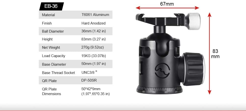 Sunwayfoto EPIC EB-36 Super Light-weight Travel Tripod Ball Head with QR Plate Arca/RRS Compatible