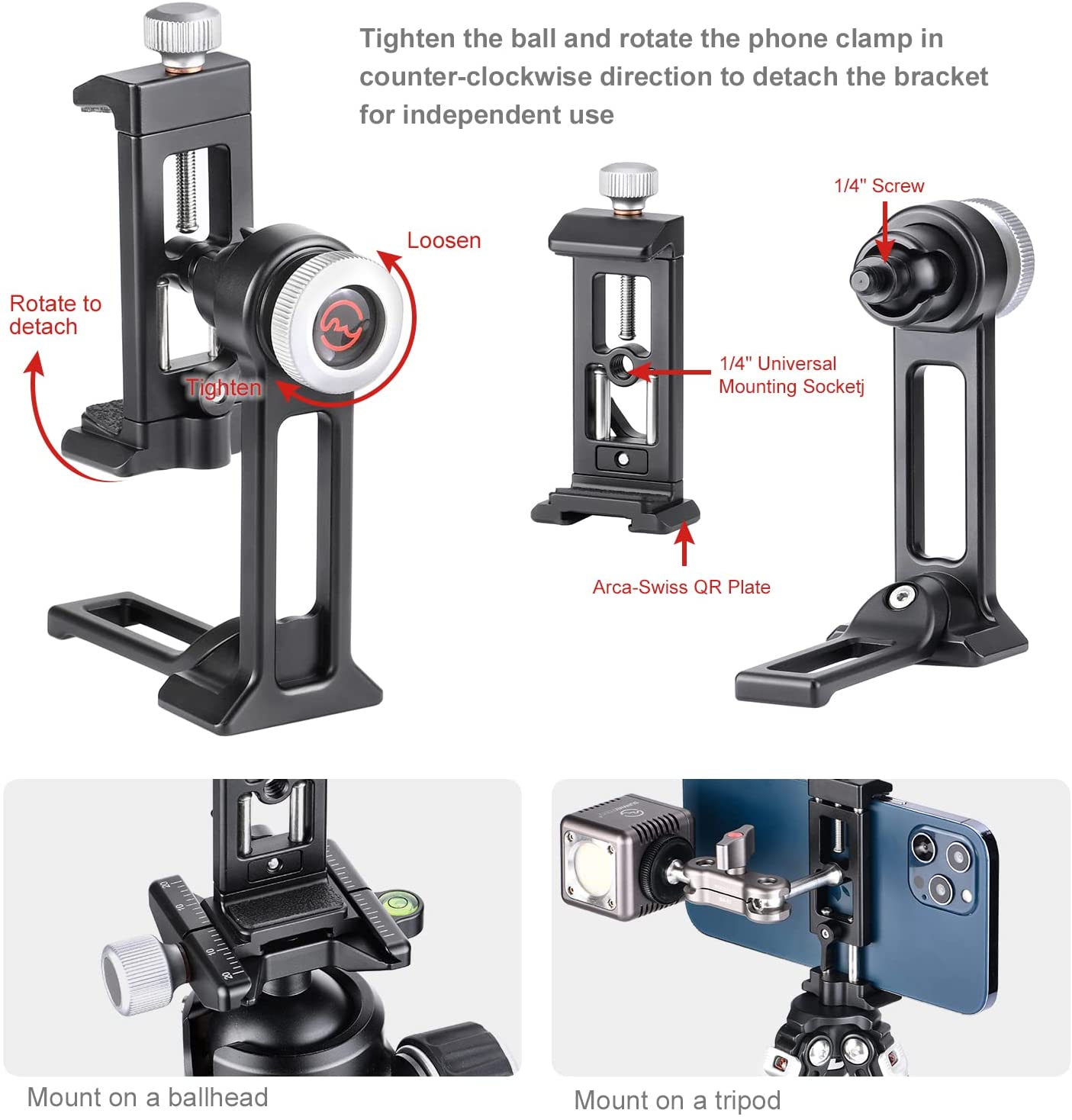 SunwayFoto CPC-06 Professional Mobile Phone Clamp with Tripod Mount and Arca Dovetail