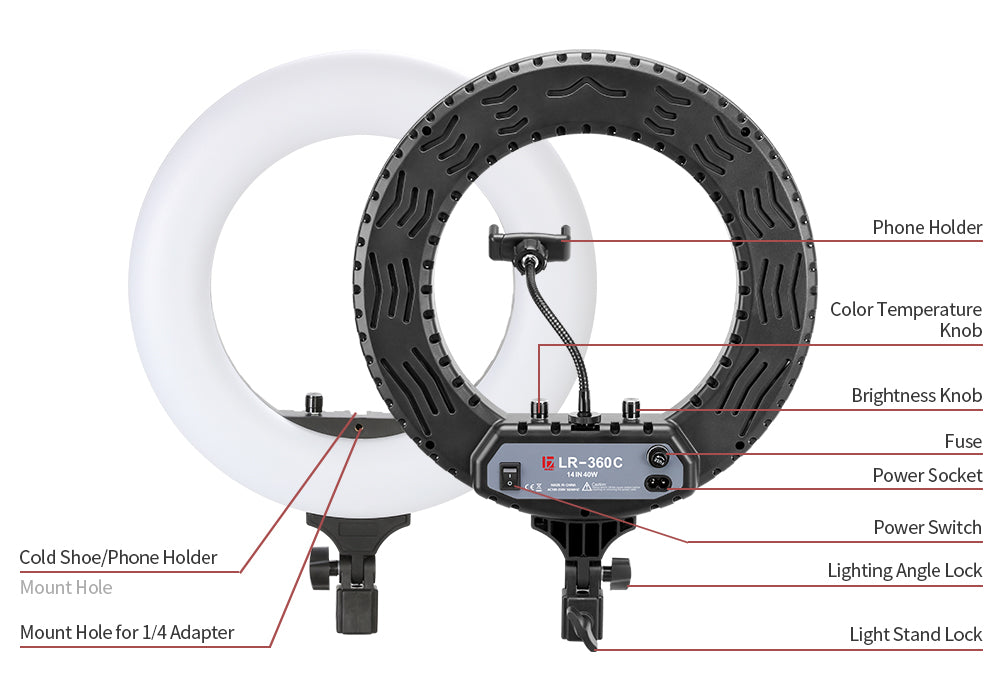 Jinbei LR-480C LED Ring Light with L-180 Light Stand (18") KIT