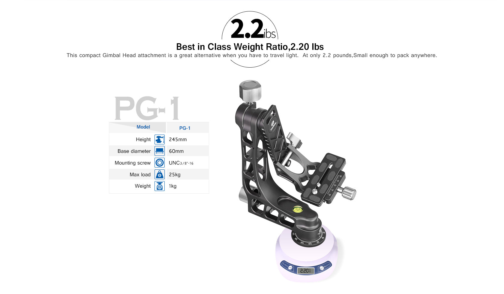 Leofoto PG-1 Aluminum Hollow structure Gimbal Head with QR Plate Arca-Swiss Compatible
